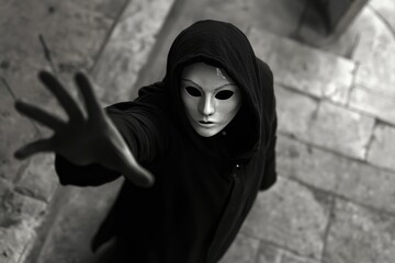 A mysterious, masked figure in an urban setting reaches out with both hands, evoking a sense of intrigue.