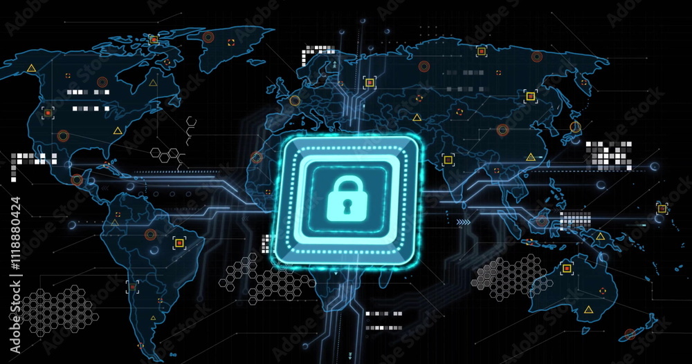 Poster image of padlock, digital data processing over computer circuit board