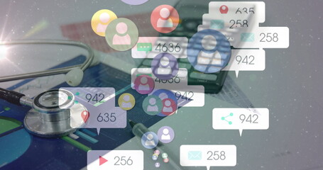 Image of social media icons with numbers over stethoscope and calculator