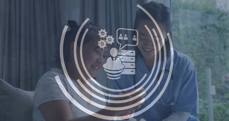 Image of business icons over asian female doctor and patient