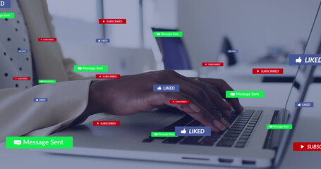 Image of text and digital data processing over african american woman using laptop