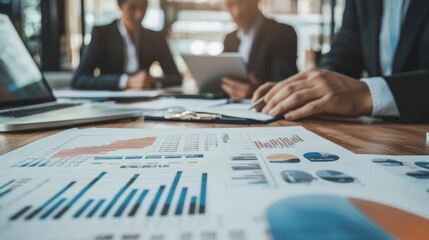 Fototapeta premium Business meeting with charts and data analysis on the table.