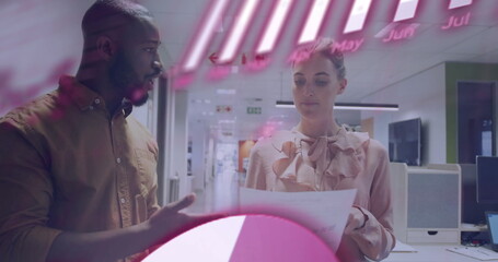 Image of financial data processing over diverse business people in office