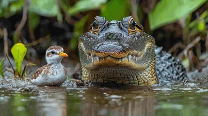 Obraz premium Alligator and Bird: An Unexpected Encounter in the Everglades