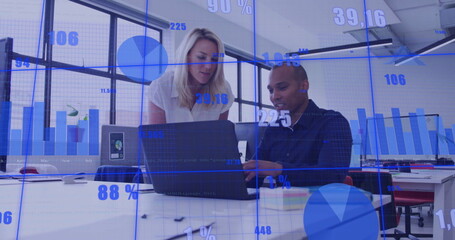 Image of financial data processing over diverse business people in office