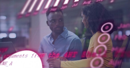 Image of financial data processing over diverse business people in office