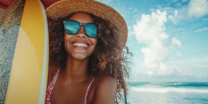Beautiful young woman with sunglasses, smiling at beach holding yellow surfboard.