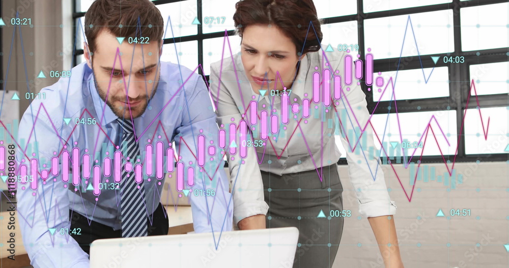 Aufkleber image of diagrams and data processing over caucasian colleagues discussing work in office