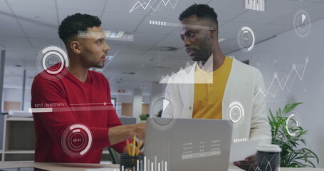 Image of icons and data processing over diverse business people in office