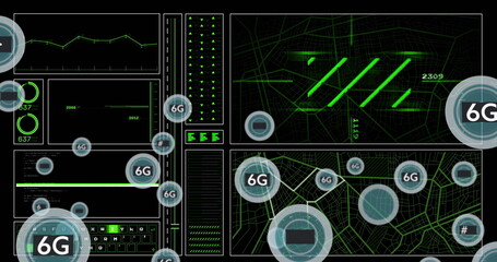 Image of 6g text with icons and data processing over dark backgorund