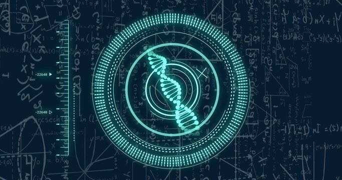 Image of data processing and dna strand over mathematical equations