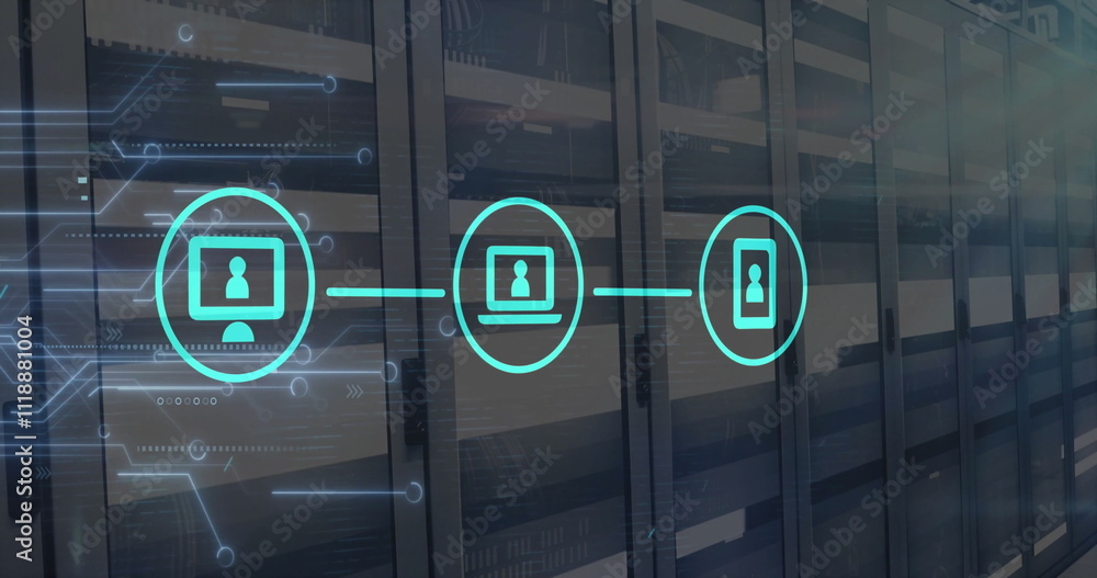 Poster image of network of connections with icons and computer circuit board over server room