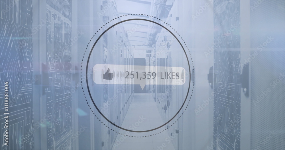 Poster image of likes text with growing number over server room