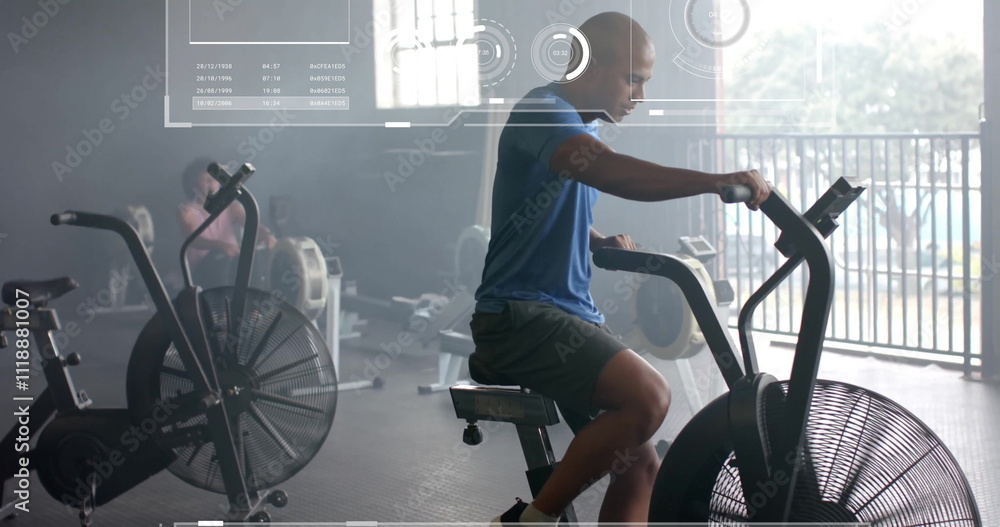 Aufkleber image of data processing and diagrams over biracial man exercising with elliptical bikes at gym