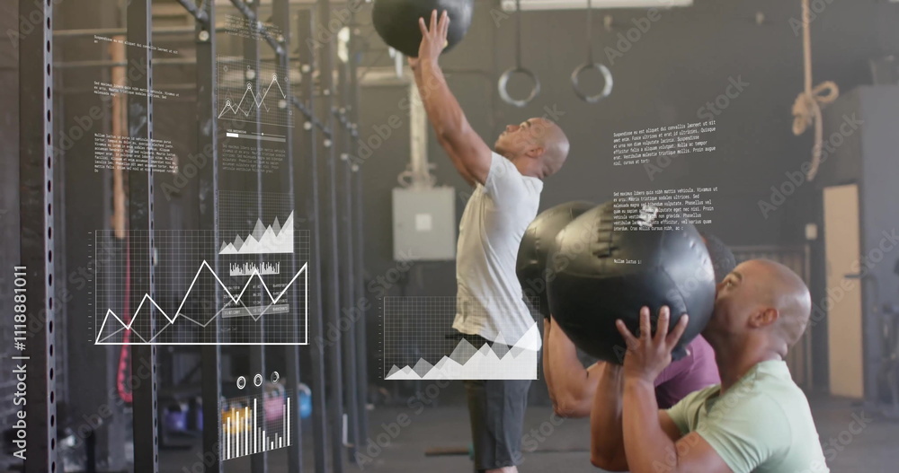 Poster image of data processing and diagrams over diverse people exercising with balls at gym