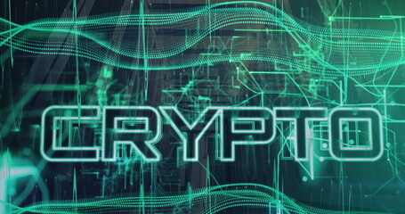 Image of network of connections with crypto text over server room