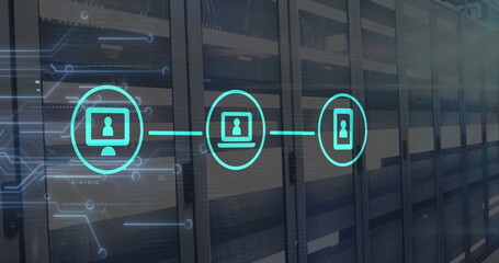 Image of network of connections with icons and computer circuit board over server room