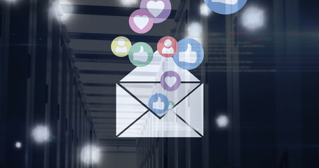 Image of envelope with social media icons and light trails over server room