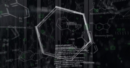 Image of chemical formula and data processing over server room