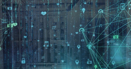 Image of network of connections with icons and data processing over server room