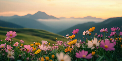 Obraz premium serene mountain landscape at sunrise with colorful wildflowers in foreground