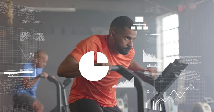 Image of data processing and diagrams over diverse men exercising with elliptical bikes at gym