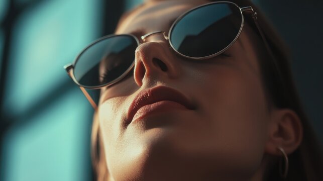 Modern fashion portrait with dual image effect, young woman wearing sunglasses and makeup looking away from camera.