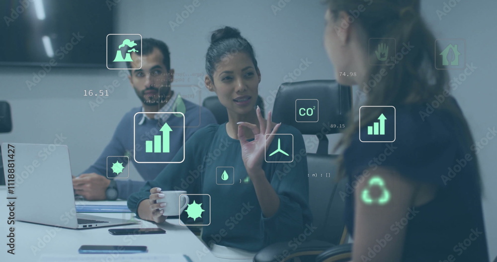 Poster image of ecology icons and data processing over diverse colleagues discussing work in office