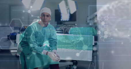 Image of data processing with molecules and brains over caucasian male surgeon in hospital