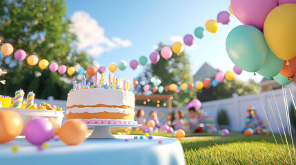 vibrant birthday party with colorful balloons, cake, and outdoor decorations