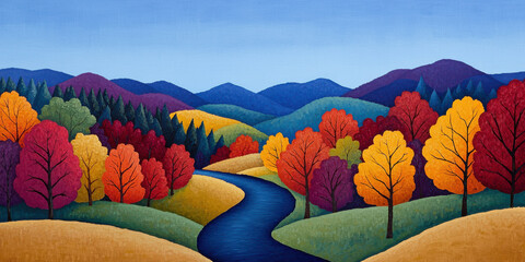 vibrant autumn landscape with colorful foliage and winding river under clear sky