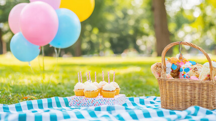 cheerful outdoor birthday picnic with cupcakes, balloons, and wicker basket