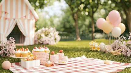 whimsical outdoor birthday picnic setup with checkered blanket and desserts