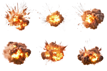 A set of explosions isolated on a white background in UHD quality.