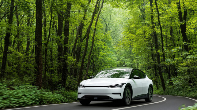 sleek electric car cruising on winding forest road surrounded by lush greenery