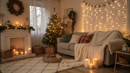 Candlelit living room with fairy lights, warm winter holiday decor.