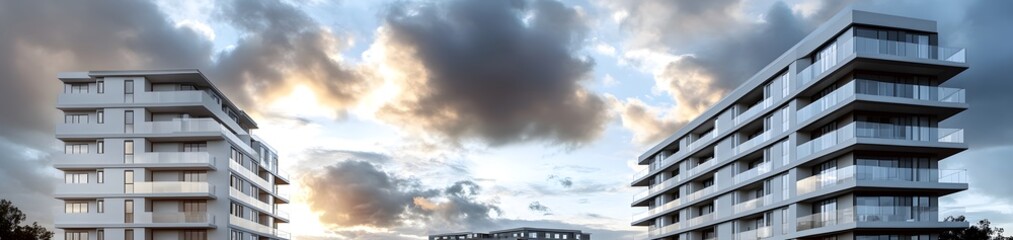 Obraz premium Modern apartment buildings under a dramatic sky at sunset.