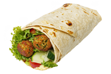 A tortilla wrap with falafel and fresh salad, perfect as vegan tacos.