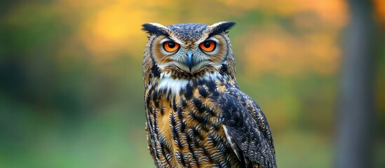 Fototapeta premium A majestic owl with striking orange eyes perched in nature.