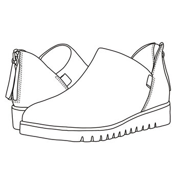 recommend clip art: Women's Slip On Loafers Casual Shoes with rear zipper Line art, Technical sketch hand drawing outline vector doodle side and rear view isolated on white background for coloring page