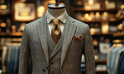 A tailored gray suit displayed on a mannequin, showcasing elegance and craftsmanship.