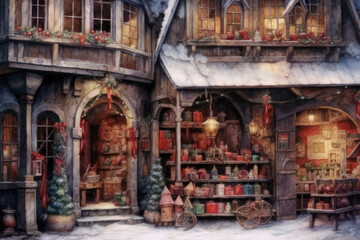 Fototapeta premium A cozy winter scene depicting a vintage shop decorated for Christmas. 