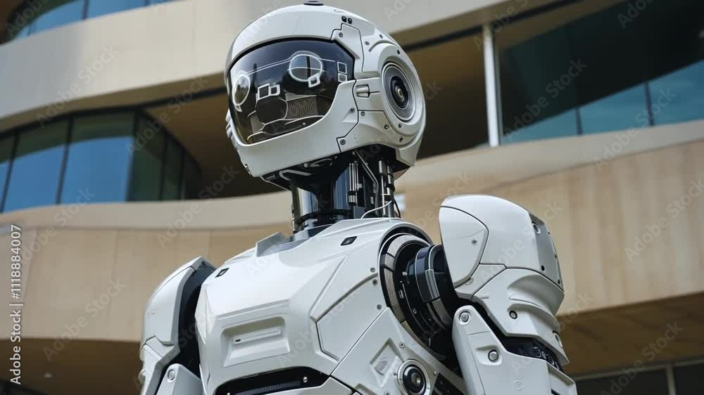 Fototapete a humanoid robot stands outside a luxurious estate, reflecting advanced technology and innovation. t
