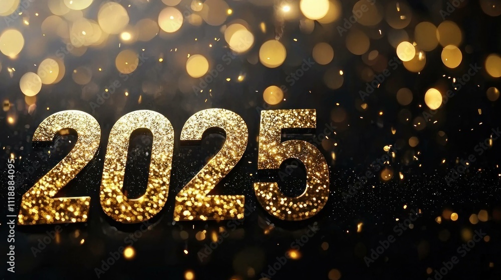 Poster shiny golden 2025 number with sparkling bokeh effect in black background, symbolizing new year celeb