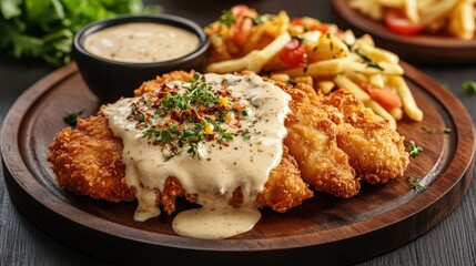 Crispy fried chicken with gravy, fries, and a side of sauce.