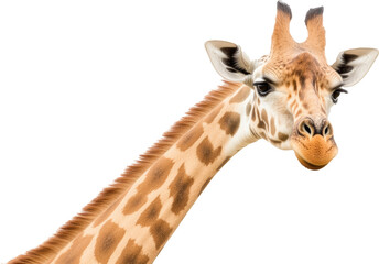 Fototapeta premium Giraffe close-up portrait, isolated on white. Wildlife photography and animal concept