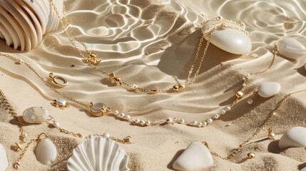 Elegant gold necklaces and pearl jewelry submerged in shallow water on sandy beach with seashells.