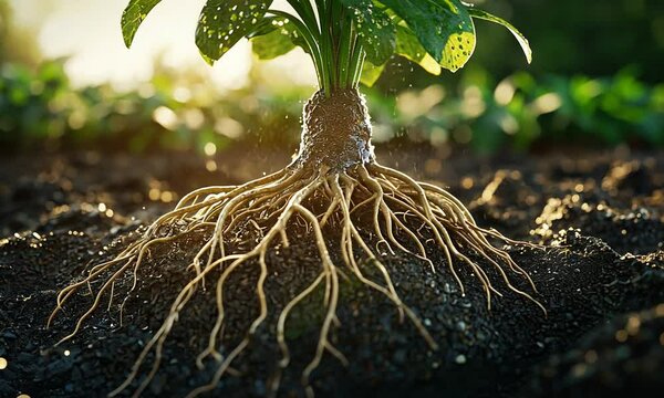 A close-up of a plant's roots in soil, highlighting growth and connection to the earth.