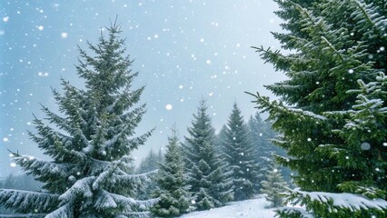 Fototapeta premium Snowy evergreen branches with falling snowflakes, holiday greeting card.