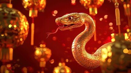 Obraz premium Golden snake coiled amidst red lanterns, symbolizing wealth and prosperity. Vibrant colors enhance the festive atmosphere, ideal for celebrations.